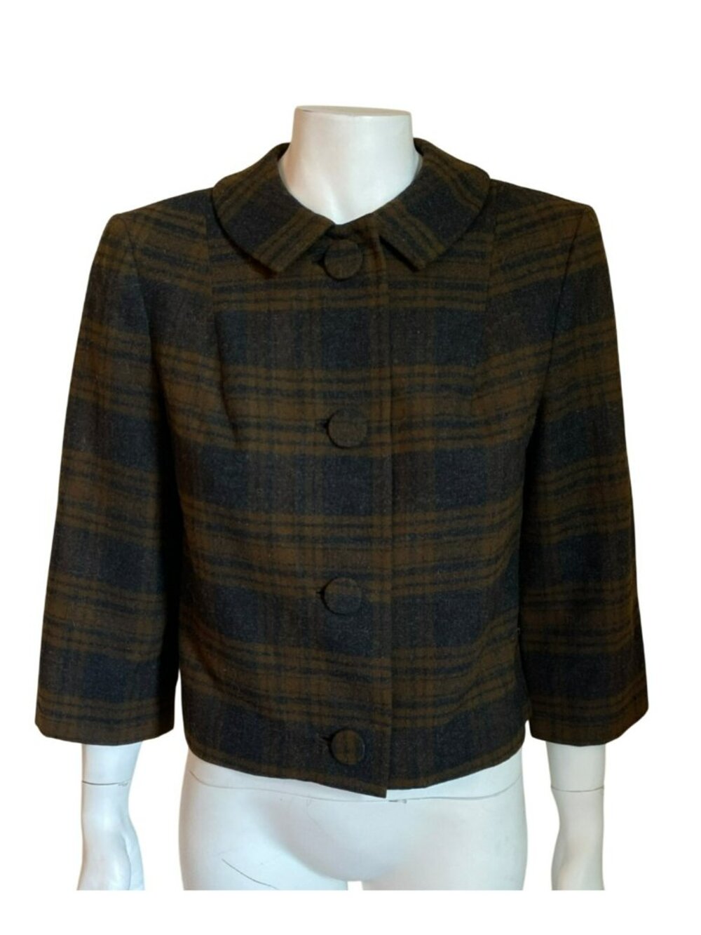 Pendleton Wool Plaid Jacket Blazer 3/4 Sleeves Brown Black Classic 60s 70s Small - Picture 8 of 9